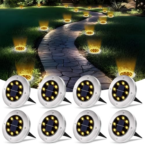 XUNIVERS 8 Paquetes Luces Solares LED Exterior Jardin Suelo,IP65 8 LED Impermeable Luz Solar Exterior Jardín,Lamparas Solares Suelo Camino,Terraza,Patio,Césped,Blanco Cálido