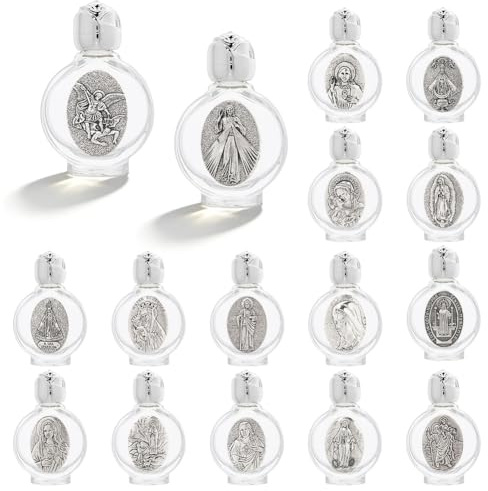DICOSMETIC 16 botellas de agua bendita de vidrio de 16 estilos, botella religiosa vacía de plata envejecida, rellenables, católico, en relieve, capacidad de 15 ml, para agua bendita, aceite, perfume