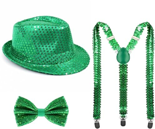 MUNSKT Glitzer Disco Outfit Herren Kostüm Silvester Accessories Glitzer Fliege und Hosenträger mit Partyhüte Hut Pailletten Kostüm Männer für Karneval Silvester Halloween Aufführungen