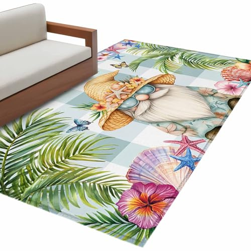 Rectangle Rug 4x6ft Area Rug, Tropical Dwarf Palm Tree Area Rugs for Living Room Bedroom, Gnomes Sea Star on Green Plaid Floor Mat Non-Slip Non-Shedding Carpet Indoor Accent Rugs