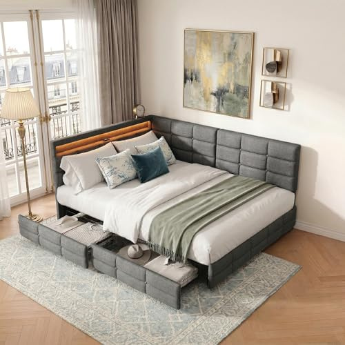 RXMORI Doppelbett Tagesbett 140×200cm mit 2 Schubladen,Daybett mit LED/USB | Stauraumbett mit Lattenrost,Schubladen mit Rollen,Schuko,verstellbare LED,Grau Leinen,Keine Matratze,für Jugendbett,Daybett