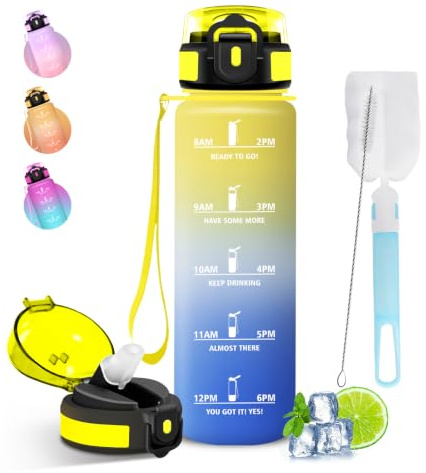 Mujigaga Borraccia 1 litro, Borraccia Palestra con Cannuccia, Senza Perdite Borracce con Indicatore del Tempo, Facile da Pulire, Borracce Motivazionale per Campeggio, Trekking, Bicicletta