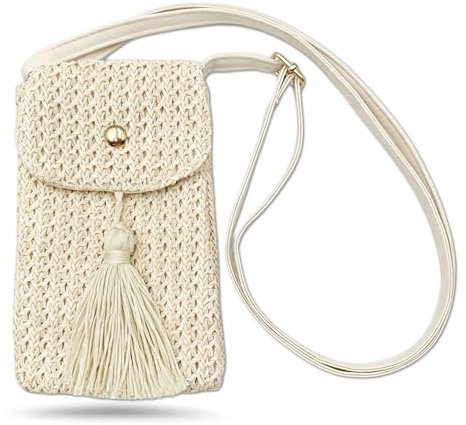 BSITSSS Bolso Mujer Paja, Bolso Bandolera Mujer con Borlas, Bohemio Bolsa de Playa con Correa para Movil Fiesta Viaje Compras Paseos Citas Vacaciones Diario