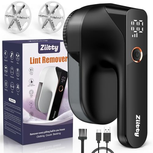 Ziitty Lint Remover, Rechargeable Fabric Shaver, Bobble Remover for Clothes with LCD Display, 3 Adjustable Power Levels, 6-Leaf Blade Debobble Electric Lint Shaver, De Bobbler for Clothes Furniture