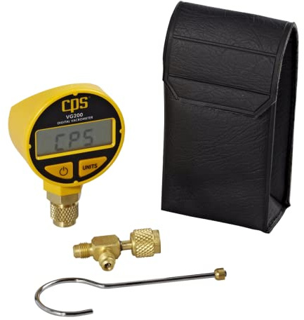 CPS VG200 Digital Vacrometer Vacuum Gauge, Measures Microns, Millibar, TORR, Inches/HG, Two Button Operation, Automatic Temperature Compensation, 5-digit LCD Display, Padded Case, T-Fitting and Hook