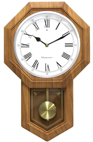 BESTIME 66236A Plastic Pendulum Clock Wood Grain Color.Sturdy Frame.Westminster Chime Every Hour,Elegant,Traditional Schoolhouse,Home,Office,Living Room,Bedroom.