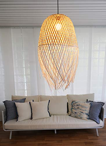 BOURGH LADISPOLI – Lampe suspendue avec abat-jour en bambou 42 cm de diamètre, panier tressé – Suspension lustre pour chambre à coucher
