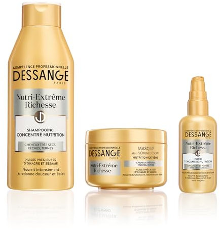DESSANGE - Coffret Nutri-Extrême Richesse - Shampoing Nourrissant + Masque Capillaire + Elixir Concentré Nutrition - Nourrit Intensément & Redonne Douceur - Pour Cheveux Très Secs, Rêches, Ternes
