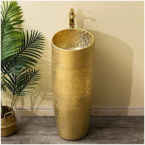ZTGL Moderner Sockel-Badezimmer 82 x 33 cm Rund Gold Waschbecken aus Keramik, Standwaschtisch, Waschtisch, Design Standwaschbecken Freistehend Waschbecken für Gäste Wc