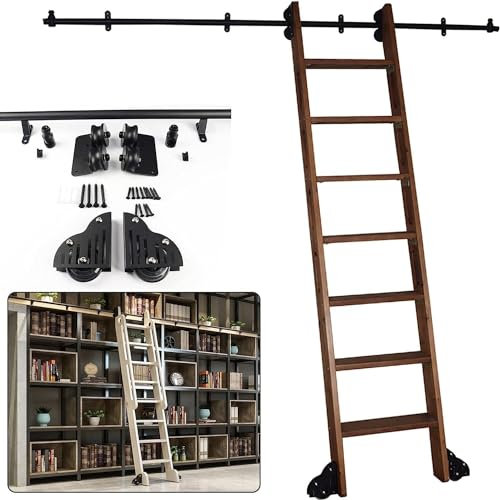 GLFNB Schiebeleiter-Schiene, Schiebe-Scheunentor-Beschläge, Gleitschienen-Set, Holz-Schiebetür-Beschläge, Schrank-Set, Bibliothek, Rollleiter-Schienensystem, Keine Leiter – runde Schiene/Schiene