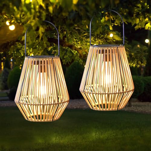 Lanterne Solaire Extérieur, 2 Pièces Lanterne Solaire Exterieur Jardin, IP65 Lampe Solaire Exterieur, Lanternes Solaires en Rotin pour Jardin, Terrasse, Balcon