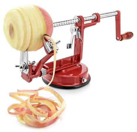 Pelador/cortador/descorazonador de manzanas de acero inoxidable 3 en 1 con base de succión – Pelador en espiral de frutas duradero de alto rendimiento para patatas, kiwi (rojo)