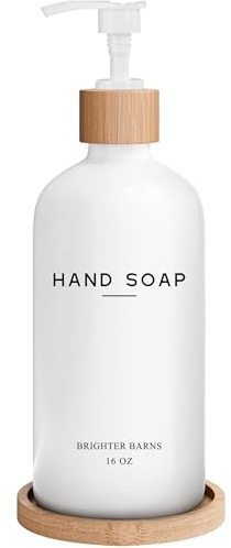 White Glass Hand Soap Dispenser Bathroom Set by Brighter Barns - Liquid Hand Soap Dispenser for Kitchen Sink - Boho Bathroom Pump Bottle Set - Minimalist Home Decor for Vacation Rental, Gifts (White)