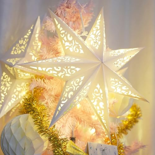 JINKEYULV Paper Star Lantern 3PCS Paper Stars Lampshade 17.7 inch 7 Points Christmas Star Lantern Hanging 3D Christmas Pentagram Foldable for Xmas Wedding decoración navideña