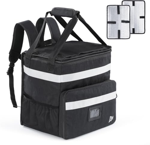 GNEGNI LIFE Food Delivery Backpack 37L Insulated Pizza Carrier Bag with Reflective Stripes Expandable Functionality Food Delivery Bag for Takeaway Cold and Hot Food, Pizza, Restaurant, Uber Eats Black