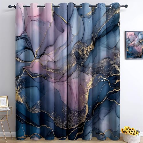Vorhäng Blickdicht 2er Set, Abstrakte Textur Marmor Weicher Thermogardinen Kälteschutz Winter Verdunklungsvorhänge H 200 x B 140 cm Ösenvorhang für Schlafzimmer Wohnzimmer, Blau Rosa