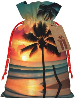 HJLUUFT Jutebeutel mit tropischem Strandpalmen-Druck, Weihnachtsgeschenktasche mit Kordelzug und Geschenkanhänger, Hochzeit, Weihnachten, Partygeschenk