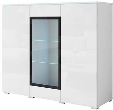 MINIO go for it - Kommode Veve Sideboard mit Glasstür | Wohnzimmer, Vitrine 120 cm Breit, Gablote Weiss matt / Weiss Hochglanz, Ohne LED-Beleuchtung