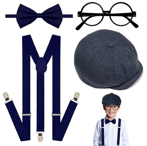 GZJINYUAN 4Pcs Boys Suspenders Bowtie Sets with Black Glasses Vintage Newsboy Cap for Boys Girls Wedding 1920s Costume Accessories (Dark Navy)