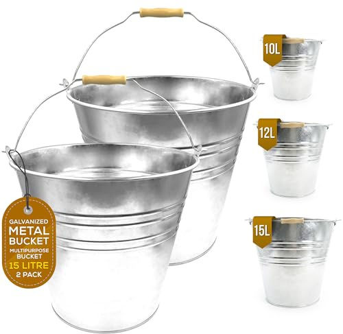Strong Galvanized Metal Bucket Large Capacity 10L 12L 15L - Pack of 1 or 2 - Perfect for Water Fire Garden Ice Coal Cleaning etc (PACK OF 2, 15L)