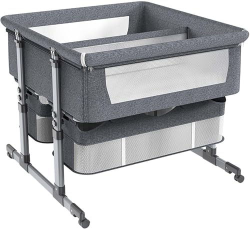 Twin Bassinet för 2 spädbarn, dubbelbäddsoffa vid sängkanten för tvillingar, gungvagn för baby med hjul och förvaringskorg, lättfällbar justerbar portabel spjälsäng för nyfödda