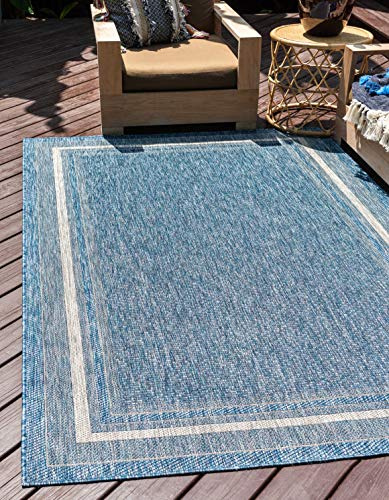 Unique Loom Outdoor Border Collection Area Rug - Soft Border (6' 1 x 9' Rectangle, Blue/ Ivory)