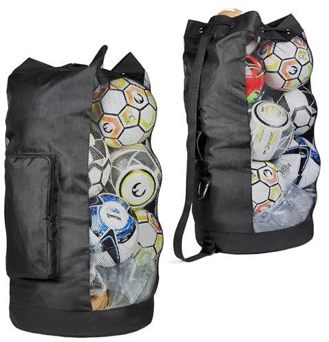 Fitdom Heavy Duty XL Soccer Mesh Equipment Ball Bag w/Adjustable Shoulder Strap Design for Coach. with an Over-Sized Front Pocket for Sporting Accessories. Best for All Outdoor & Water Gears