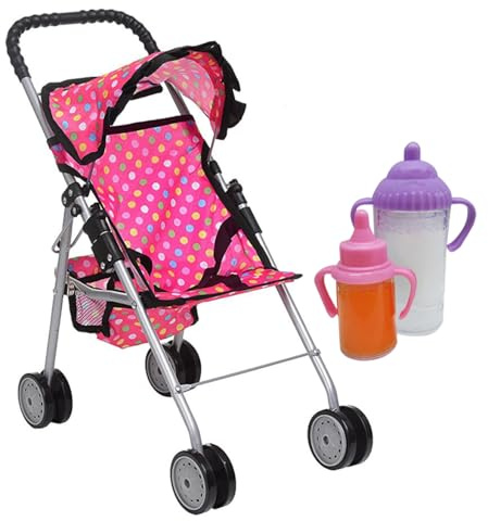 fash n kolor My First Baby Doll Umbrella Stroller with Basket - Pink Polka Dot Foldable Pram And Accessories Gift Toys for Girls with 2 Free Bonus Bottles