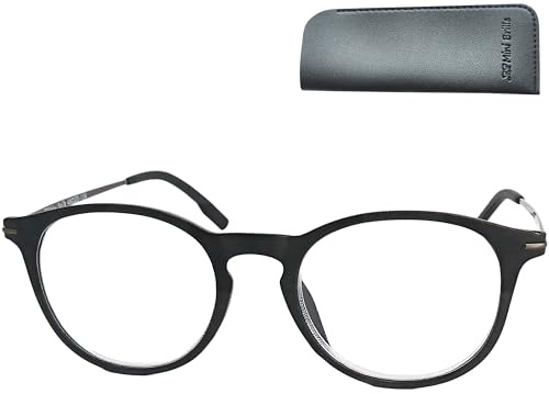 Moderne runde Lesebrille für Damen und Herren mit Metallbügeln und Etui | Runde Vollrand-Lesebrille mit 137 mm Gesamtbreite, leichten Metallbügeln, klaren Gläsern und passendem Etui