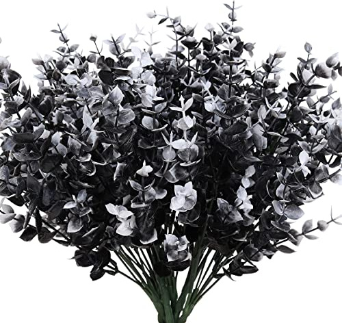RECUTMS 8Pcs Black Artificial Plants Fake Outdoor UV Resistant Fall Flowers | Faux Plastic Greenery Shrubs Indoor Outside Hanging Planter Halloween Flower Decor (Black +White Eucalyptus)