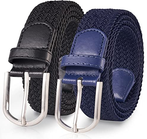 TANGCHAO 2 Stücke Stoffgürtel Stretchgürtel Elastik Flechtgürtel Geflochtener und Elastischer Dehnbarer Gürtel für Damen und Herren Breite 3.3cm Schwarz+Blau 120cm