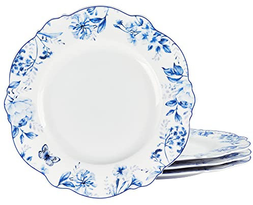 fanquare Keramik Teller 4-er Set, Runde Speiseteller Porzellan Blaues Blumen Muster, Geschirr Tellerset Ø 27 cm Essteller Service