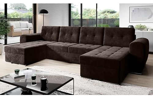 MODERNO Bari Wohnlandschaft Sofa mit Schlaffunktion Couch U-Form Schlafsofa mit Bettkasten Ecksofa Schlafcouch Moderne Wohnzimmermöbel Eckcouch Veloursstoff Steppsofa Braun