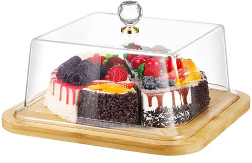 Wooden Cake Stand with Clear Acrylic Dome Lid - Elegant Dessert Display Tray for Kitchen and Party