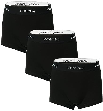 INNERSY Period Pants for Teenage Girls Cotton Menstrual Underwear Black Boyshort Panties 3 Pack (12-14 Years, Black)