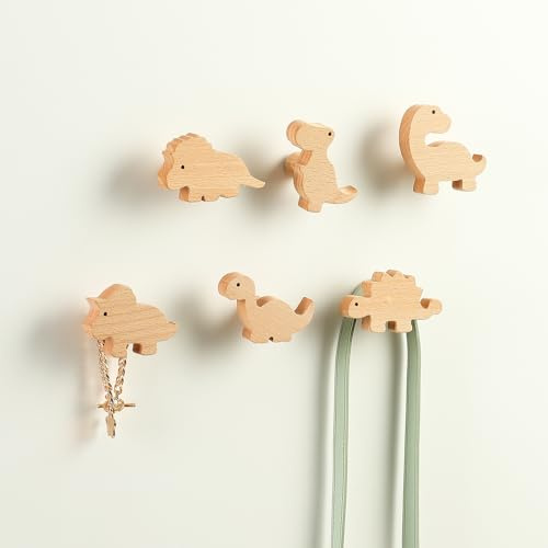 WONQEXZ Wandhaken, Kinder-/Babyzimmerwandhaken, natürliche Dinosaurier-Kleiderhaken, Holzhaken, Kinderwandhaken, 6er-Set