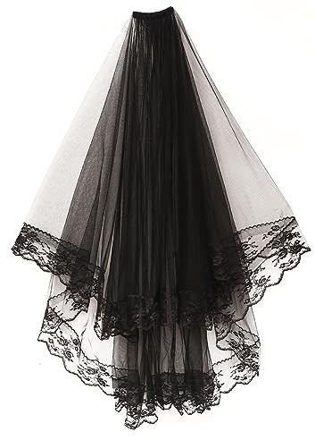 SJTJSPX Voile de Mariée Noir Halloween Voile Dentelle Tulle Double Couches Coiffure Accessoires de Mariage avec Peigne Chapeau Bibi Nuptiale Gothique Voile Costume Déguisement Cosplay Cérémonie