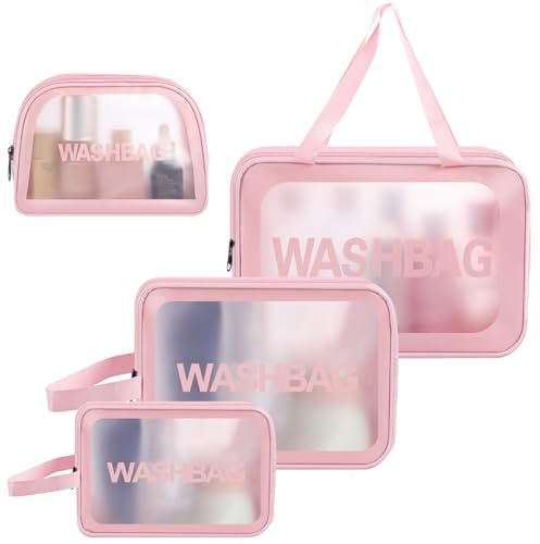 4 Pezzi Beauty Case da Viaggio Trasparente, Borse da Toilette, Cosmetici Impermeabile (Rosa)