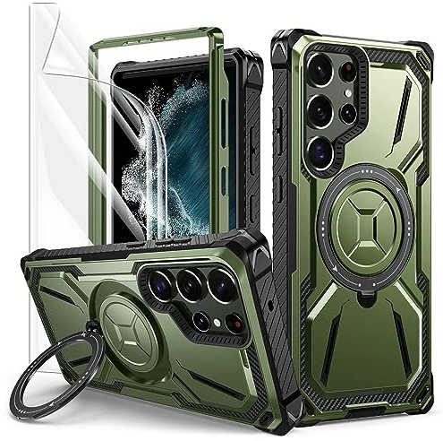 Lanhiem Armor Funda para Samsung Galaxy S22 Ultra, con Soporte Giratorio de 360 Grados y Protector Pantalla, Antigolpes Protección Militar, Resistente Antichoque Carcasa para Samsung S22 Ultra-Verde