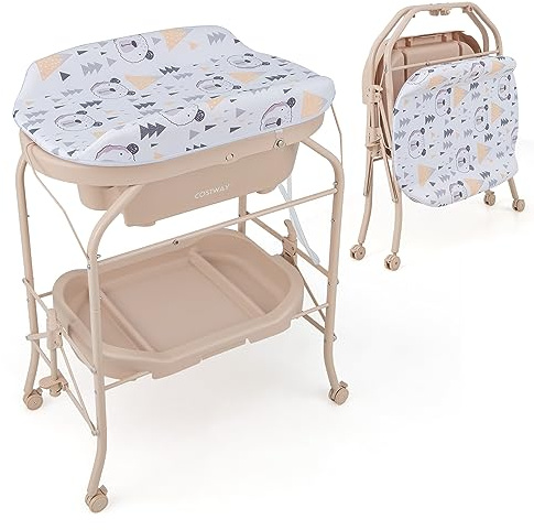 COSTWAY Fasciatoio con Vaschetta Bagnetto 2 in 1, Vasca da Bagno Pieghevole per Bambini, Fasciatoio con Materassino, Cestino Portaoggetti, Ruote con Freno, Portata 35kg+15kg (Beige)