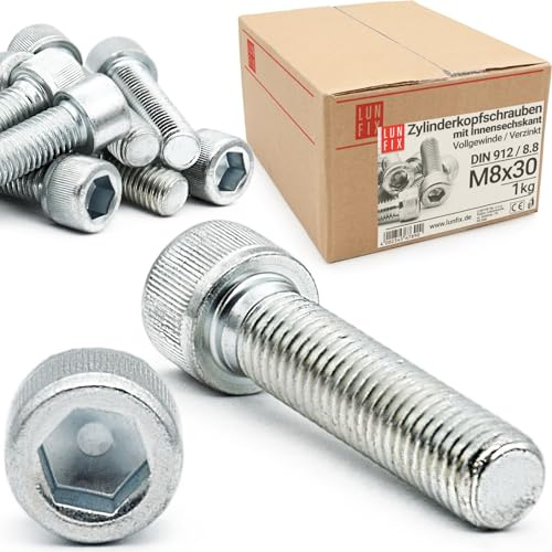 LUN FIX Zylinderkopfschrauben M8 x 30 mm 1kg ca. 60 Stk DIN 912 ISO 4762 | 8.8, Vollgewinde, Innensechskant, verzinkt Maschinenschrauben für Metallbau Maschinenbau Industrie Konstruktion