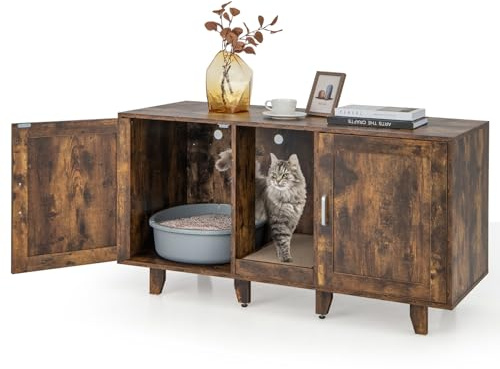 GOPLUS 3 in 1 Katzenschrank, Katzentoilette mit 2 Türen & abnehmbaren Beinen & herausnehmbarem Kratzbrett, Katzenhöhle Beistelltisch TV-Ständer für 2 Katzen, 120x52x65cm (Vintage)
