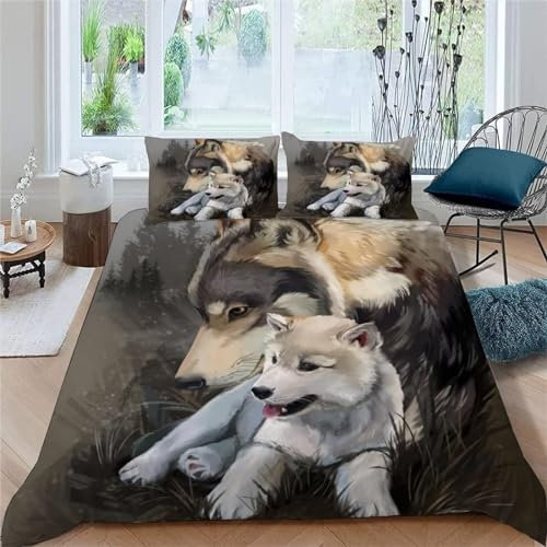 Bettwäsche Set Bettbezug 140x200 Weich Bequem Atmungsaktiv Hypoallergen Mikrofaser Bettbezüge und 2 Kissenbezug, für Teenager-Schlafzimmer-Dekor（Mutter Und Sohn Wolf