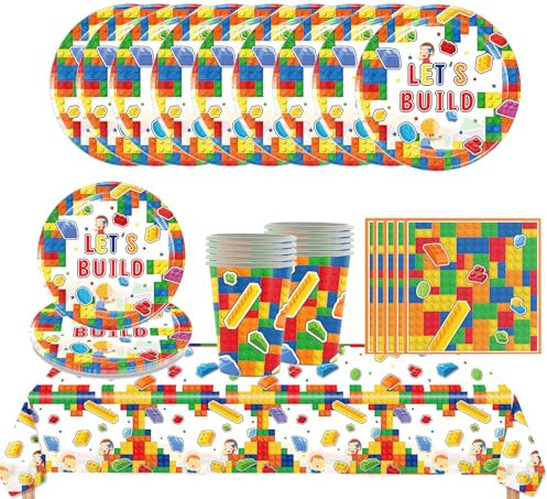 Set di 41 pezzi di mattoncini da costruzione, set di stoviglie decorative con tovaglia, piatti di carta, tovaglioli, per ragazzi e ragazze, decorazione di compleanno