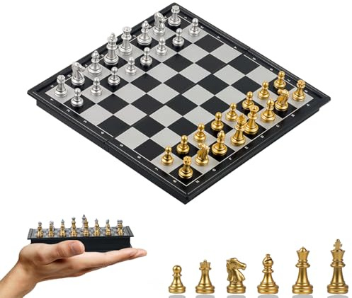 KOKOSUN Schachspiel Reise Set, Magnetisch Reisespiel Faltbares Brettspiele Leicht zu Tragen, Lernspielzeug/Geschenk für Kinder und Erwachsene (Gold & Silber, 20×20cm)