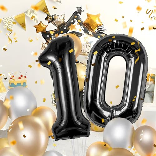 10 Geburtstag Deko zahlen luftballon 10 jahre | Folienballon Schwarz - für 10. Geburtstagsdeko Männer Frauen Ballon Zahl Deko zum Geburtstag fliegt mit Helium 10.Geburtstagsparty 40-101cm
