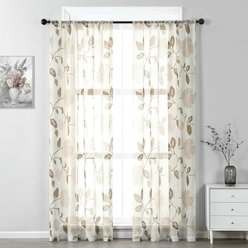 Daesar Vorhänge Stangendurchzug, Vorhänge Halbtransparent Baumwolle 2er Set Bedruckt mit Braun Blumen Motiv Vorhänge Lichtdurchlässig Wohnzimmer Küche 96x138CM