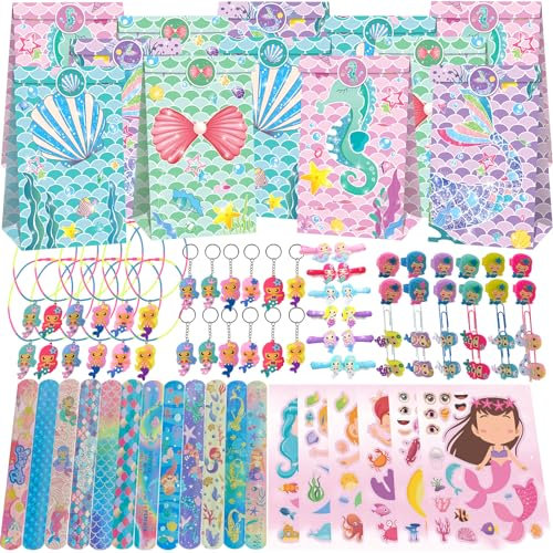 PQKL-party Meerjungfrau Party Mitgebsel,Meerjungfrau Kindergeburtstag Party Mitgebsel Set,, Geschenktüten,Schnapparmband,Schlüsselanhänger,Ring,Aufkleber,Halsketten,Hair Clips,Meerjungfrau Geburtstag