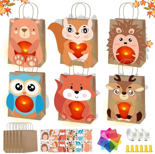 HEYIDAMAI 6er Laternen zum Selber Basteln für Kinder, Laternen Bastelset mit LED und mit Buntglas Effekt, Fuchs, Eule, Eichhörnchen, Elch, Bär, Igel Laterne Bastelset, für Mädchen und Jungen