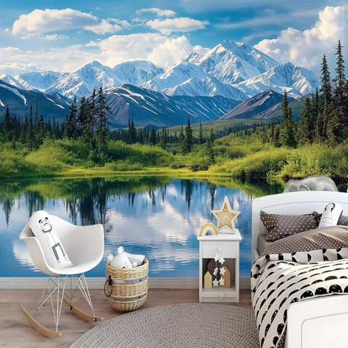 Papier Peint intissé 350 x 256 cm Décoration Murale Bleu Tableaux Muraux Tapisserie Photo Panneau décoratif Photo sur le mur Trompe l'oeil Paysage montagne/herbe